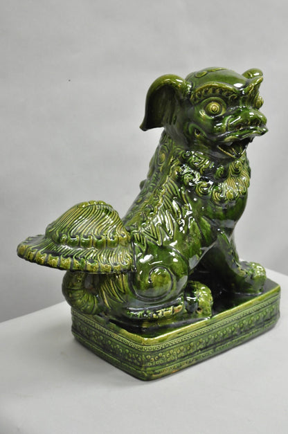 Vintage Chinoiserie Green Majolica Glazed Ceramic 22" Chinese Foo Dog Statue