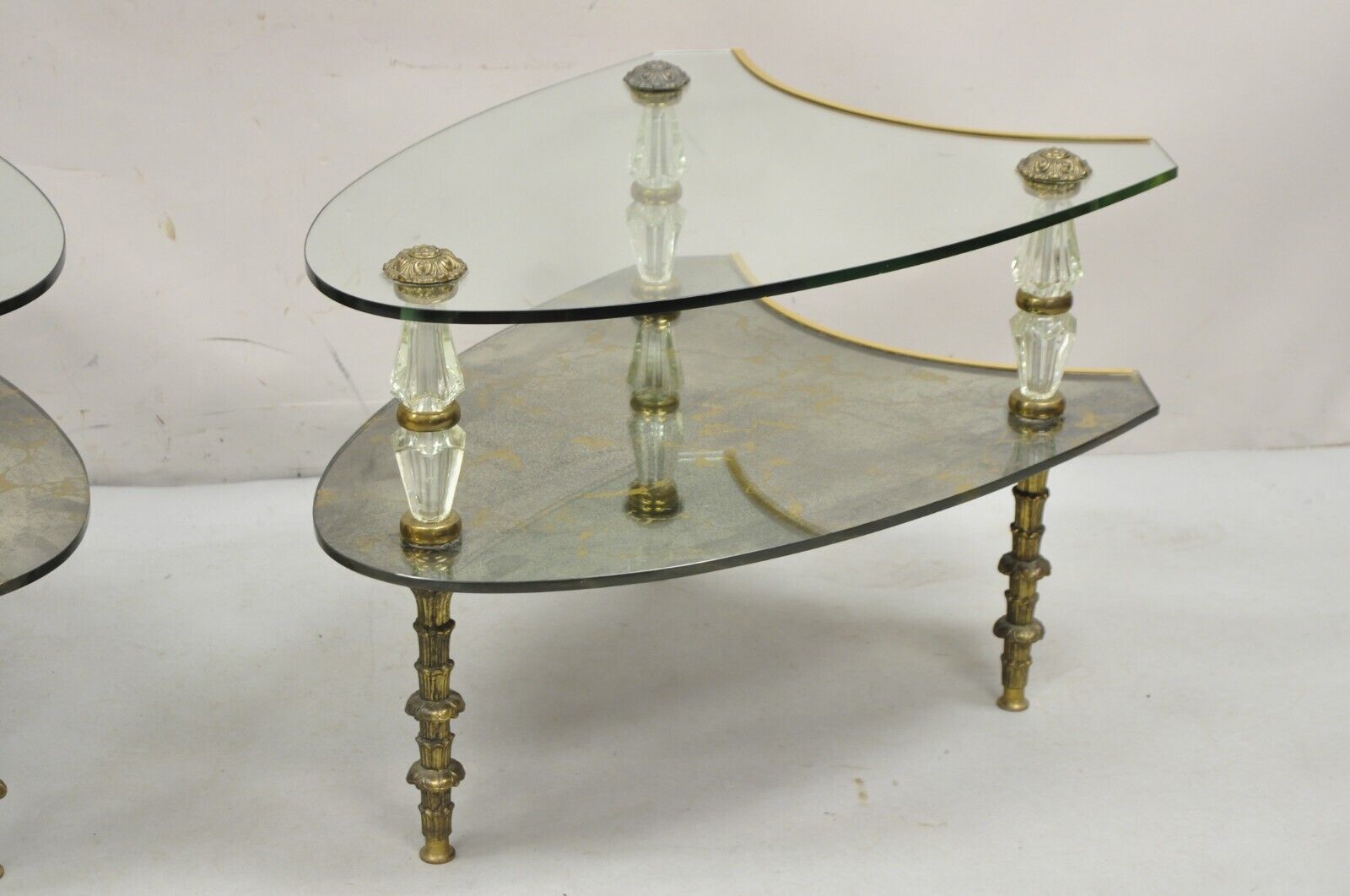 Vintage Hollywood Regency Two Tier Italian Églomisé Glass Side Tables - a Pair