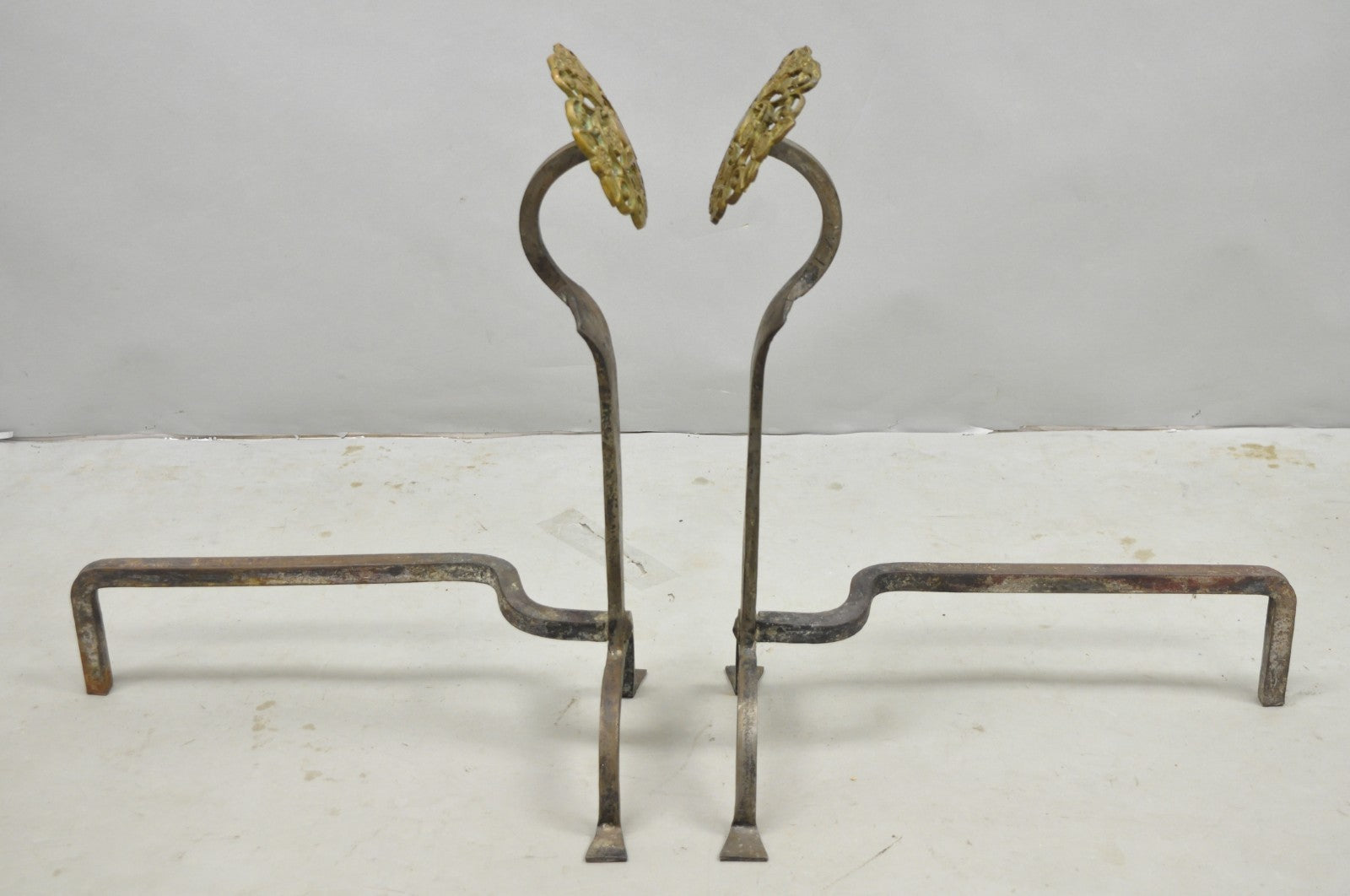 Antique French Art Nouveau Hand Hammered Wrought Iron & Bronze Andirons - a Pair