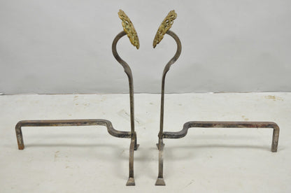 Antique French Art Nouveau Hand Hammered Wrought Iron & Bronze Andirons - a Pair