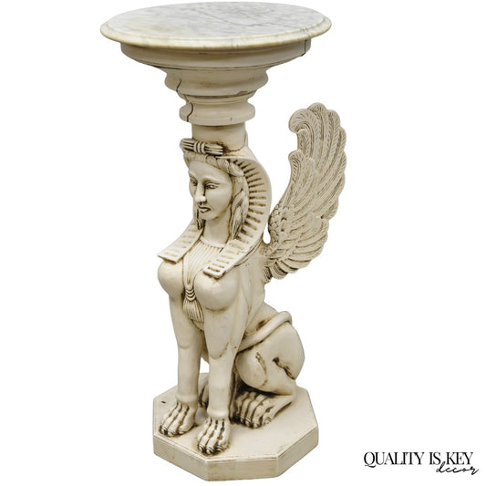 Vintage Egyptian Female Sphinx Round Marble Top Carved Wood Pedestal Plant Stand