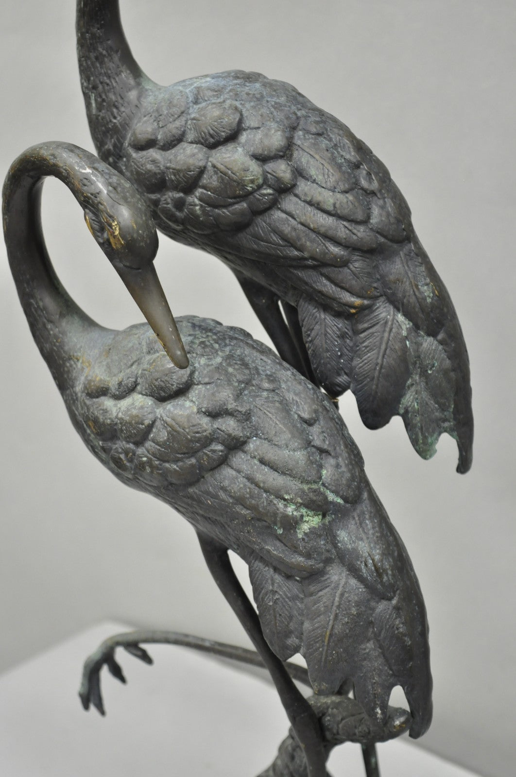 Vintage Chinoiserie "Courting Crane Couple" Green Bronze Verdigris 28" Sculpture