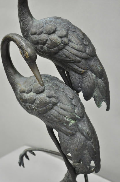 Vintage Chinoiserie "Courting Crane Couple" Green Bronze Verdigris 28" Sculpture