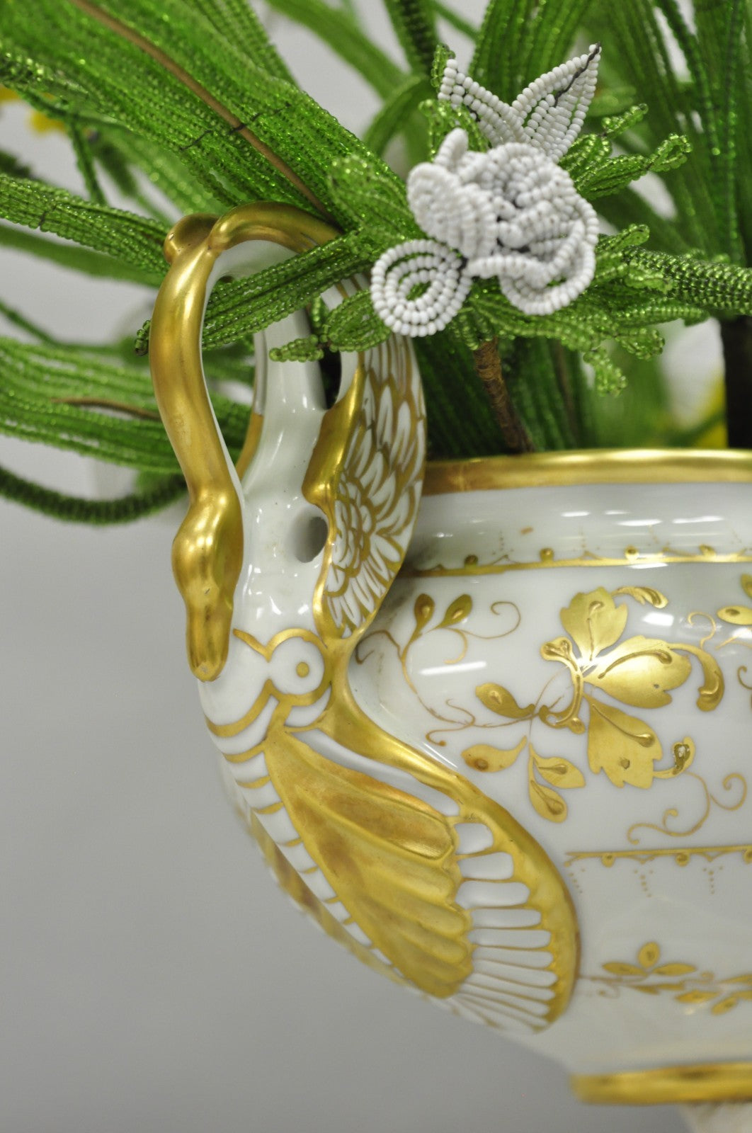 Antique Limoges French Regency White & Gold Porcelain Swan Urn Vase Cachepot