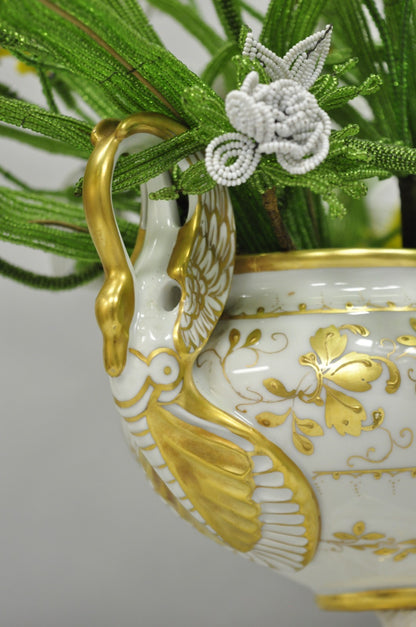 Antique Limoges French Regency White & Gold Porcelain Swan Urn Vase Cachepot