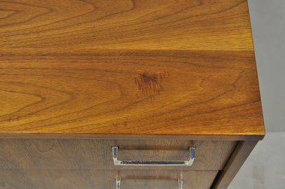 Vintage Mid Century Modern Walnut Veneer 4 Drawer Chrome Pull Tall Chest Dresser