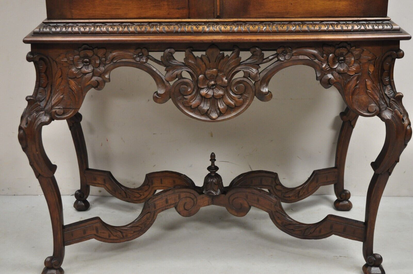 Antique French Renaissance Flower Carved Walnut China Cabinet Radio Bar Cabinet