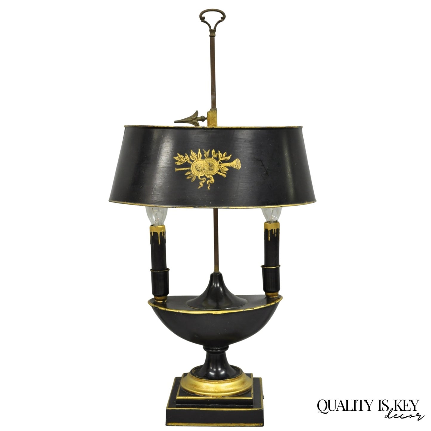 Antique French Empire Black & Gold Tole Metal Urn Bouillotte Table Lamp w Shade