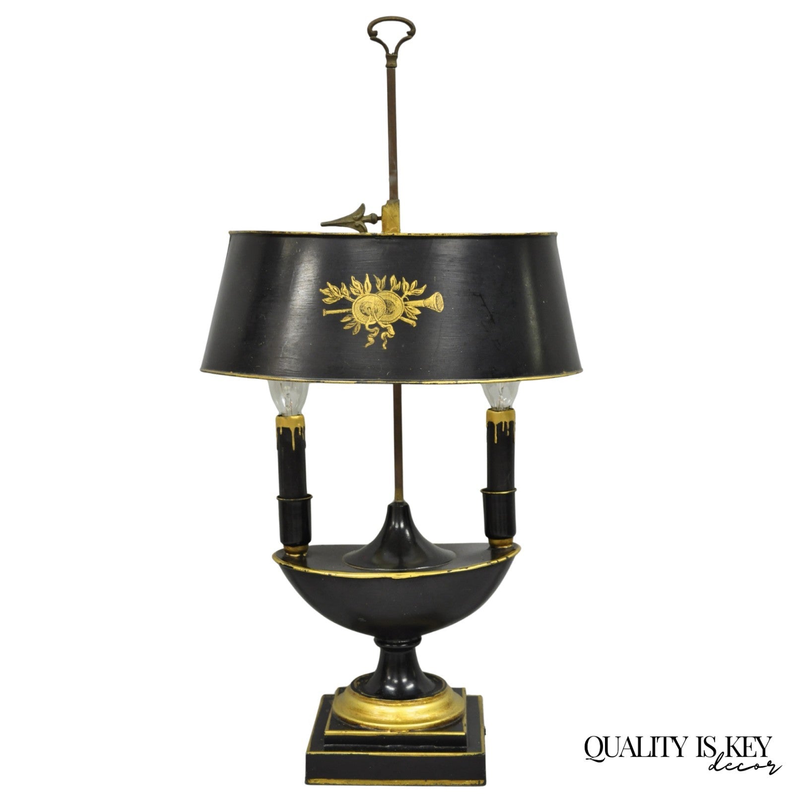 Antique French Empire Black & Gold Tole Metal Urn Bouillotte Table Lamp w Shade