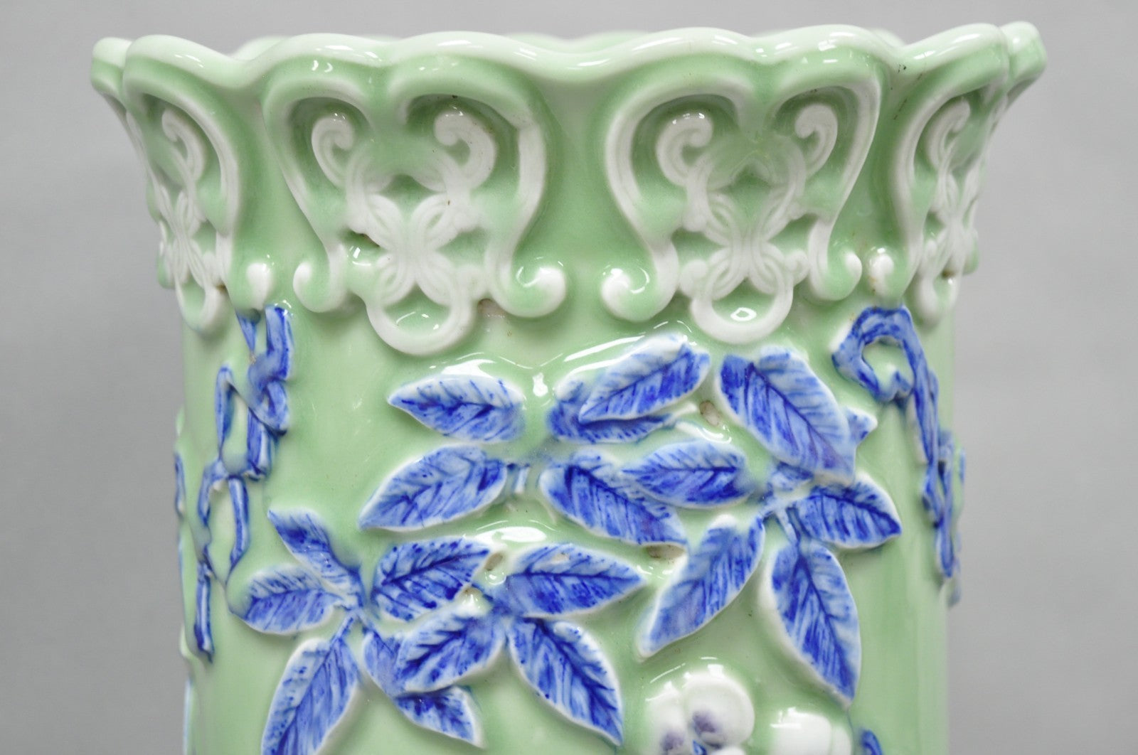 Japanese Porcelain Glazed Celadon Wisteria Flower & Butterfly Umbrella Stand