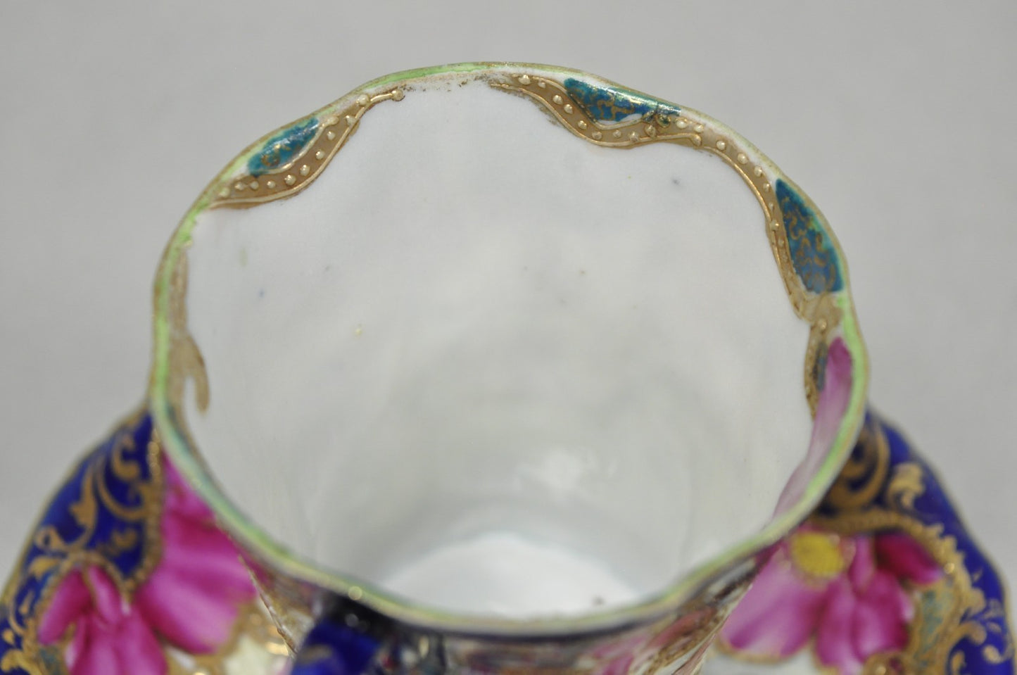 Antique Victorian Teacup & Saucer Cobalt Blue & Roses w/ Draped Gold Trim
