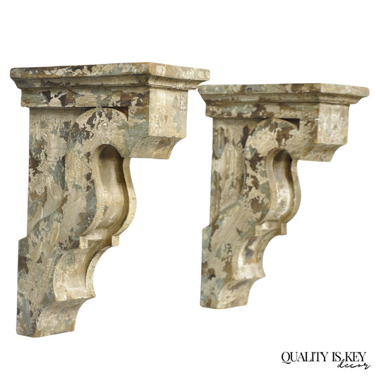 Victorian Carved Wood Blue & White Distress Painted Corbel Wall Bracket - a Pair