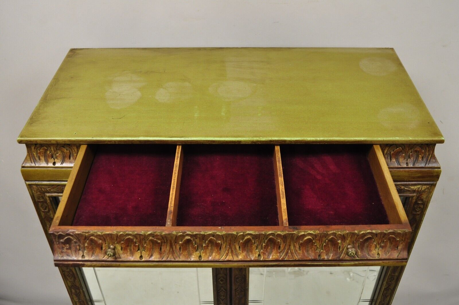 Antique Georgian Green Painted Mirror Front Blind Front China Curio Cabinet