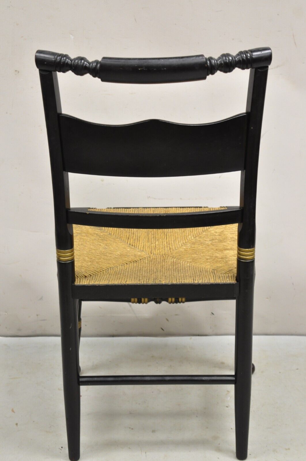Antique Hitchcock Style Black Lacquer Stencil Rush Seat Dining Chairs - Set of 4