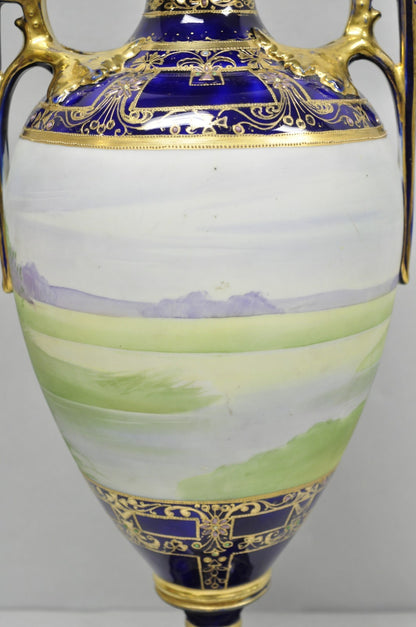 Antique Nippon Hand Painted Cobalt Blue Porcelain Twin Handle Bolted Urn Vase