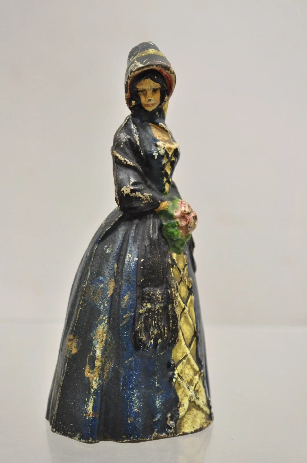 Antique Victorian Cast Iron Figural Colonial Woman Blue Dress Painted Door Stop