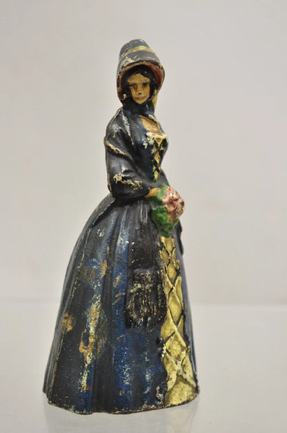 Antique Victorian Cast Iron Figural Colonial Woman Blue Dress Painted Door Stop