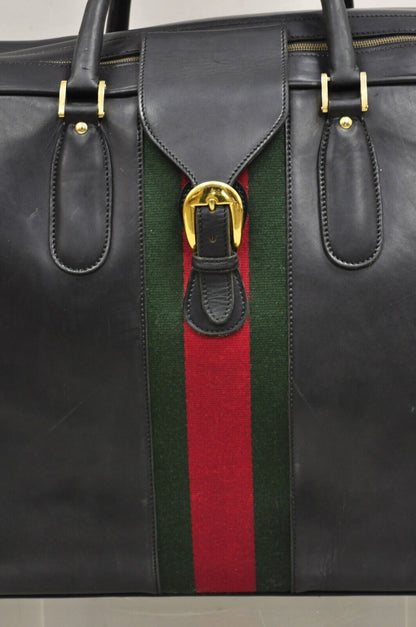 Vintage Gucci Large Black Leather Suitcase Luggage Travel Bag Green Red Webbing
