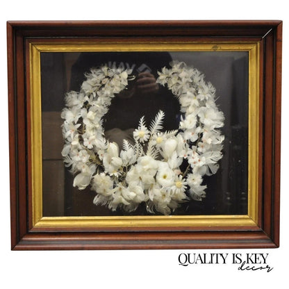 Antique Victorian White Feather Flower Mourning Wreath Mahogany Shadow Box Frame