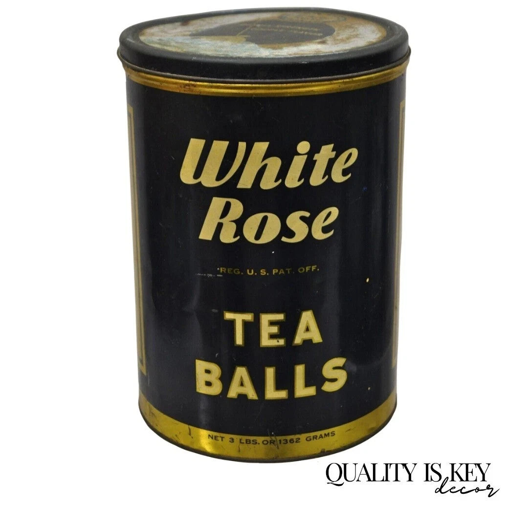 Vintage Art Deco White Rose Tea Balls 3 lb Tin Metal Container Can Advertisement