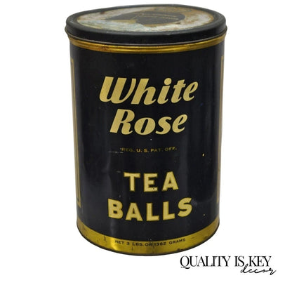 Vintage Art Deco White Rose Tea Balls 3 lb Tin Metal Container Can Advertisement