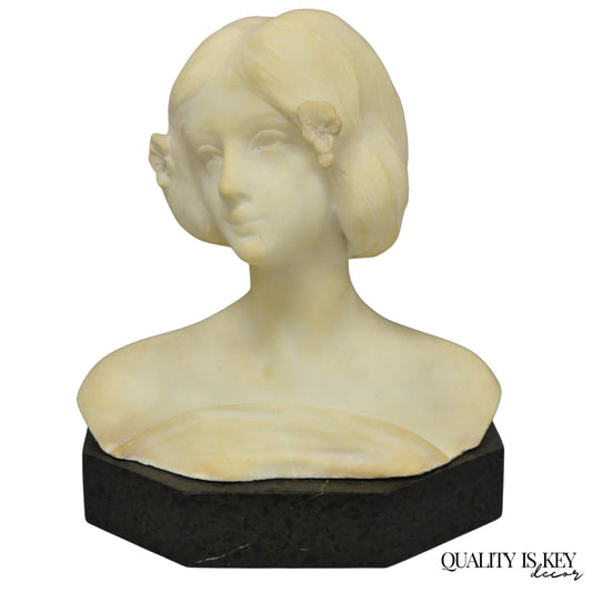Antique Neoclassical Carved White Marble 9" Bust of Woman's Head on Marble Base
