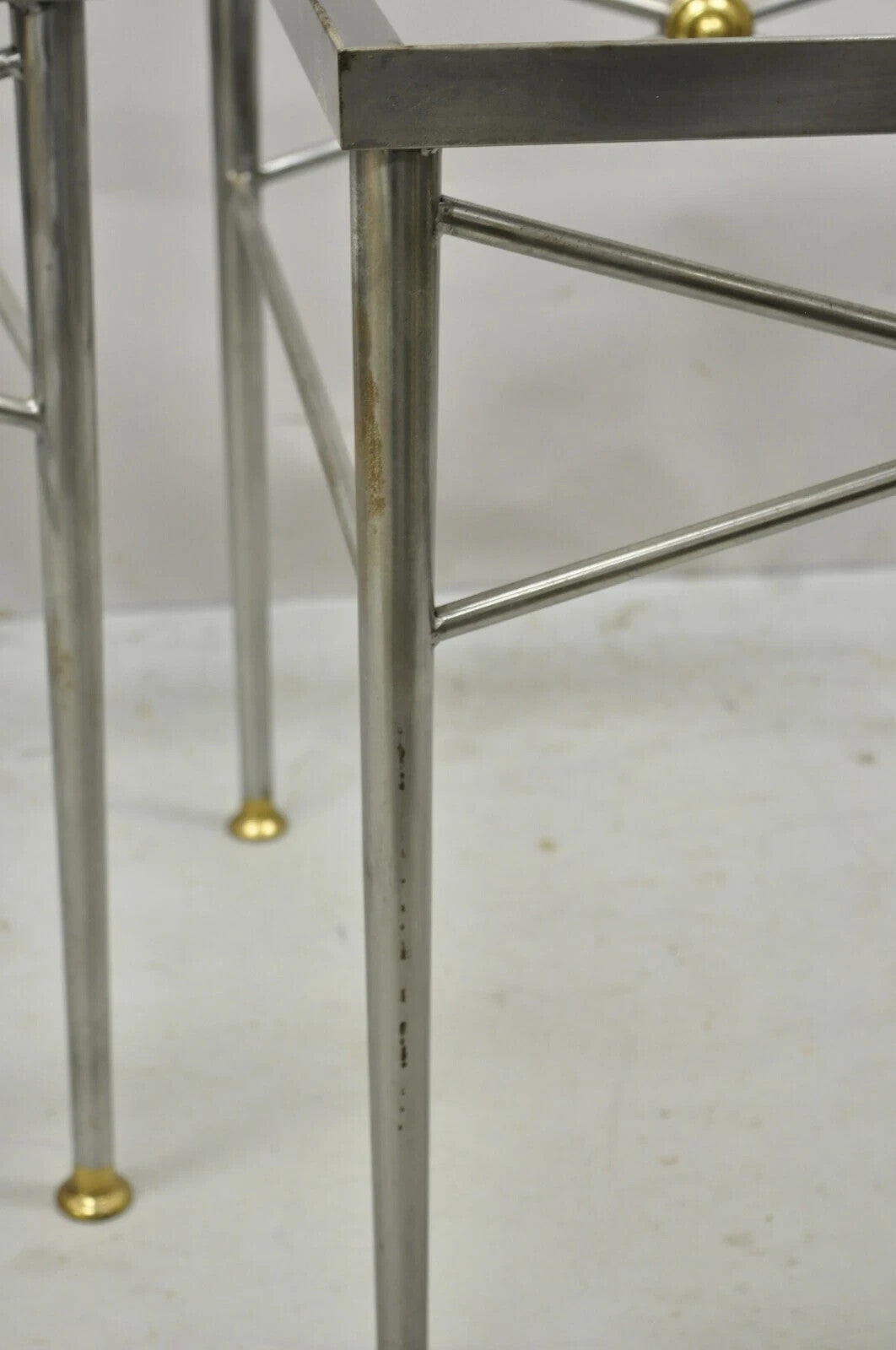 Italian Directoire Maison Jansen Style Brushed Steel & Brass End Tables - a Pair