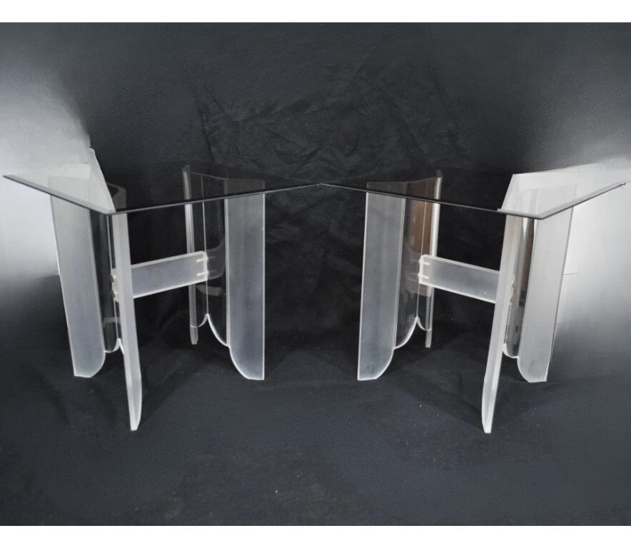 Vintage Mid Century Modern Frosted Lucite & Glass Butterfly End Tables - a Pair