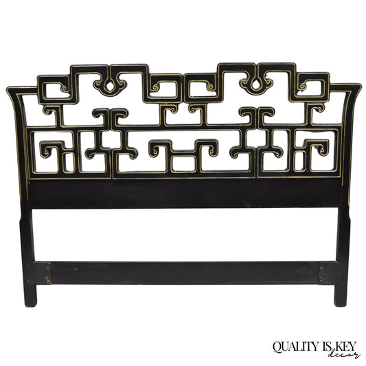 Vintage Chinoiserie Black Gold Ebonized Chinese Fretwork Queen Sz Bed Headboard