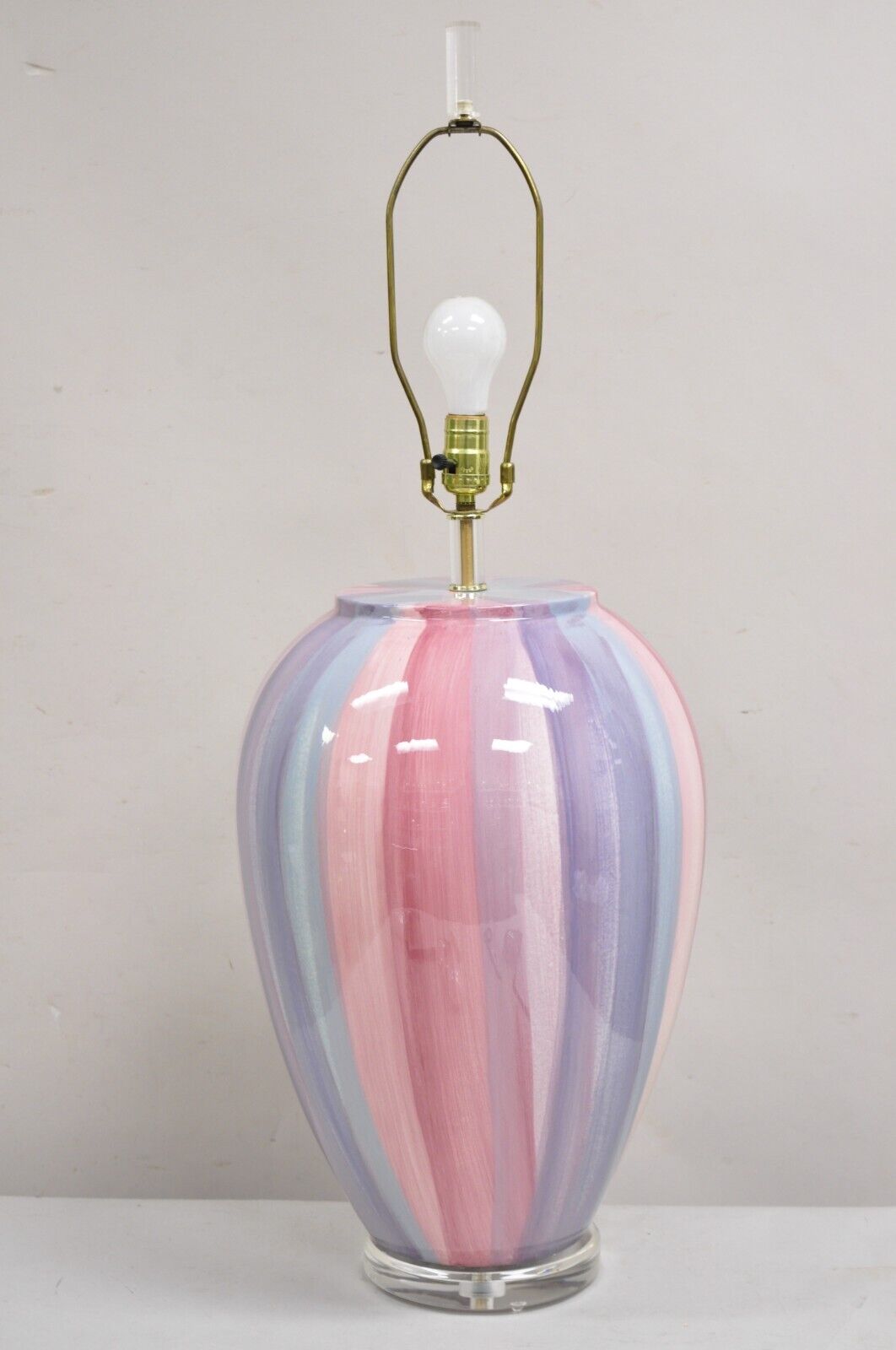 Vintage Postmodern Large Ceramic "Hot Air Balloon" Pink Striped Table Lamp