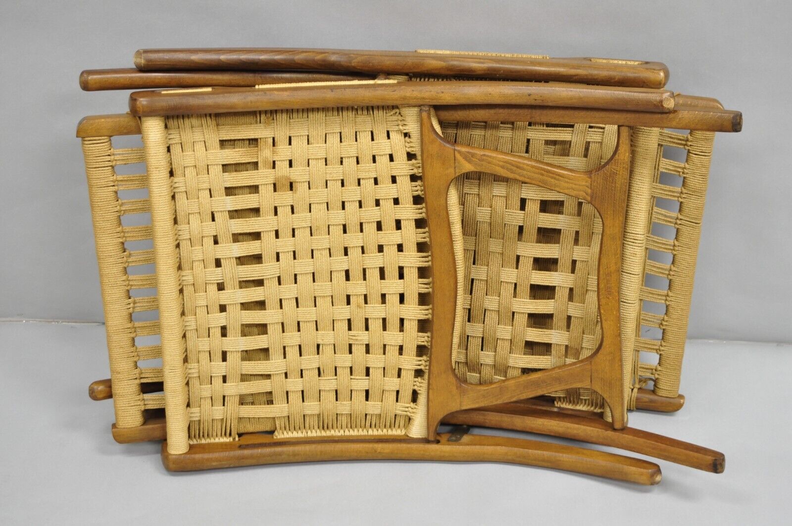 Vintage Mid Century Modern Woven Rope Wooden Folding Lounge Chair - a Pair