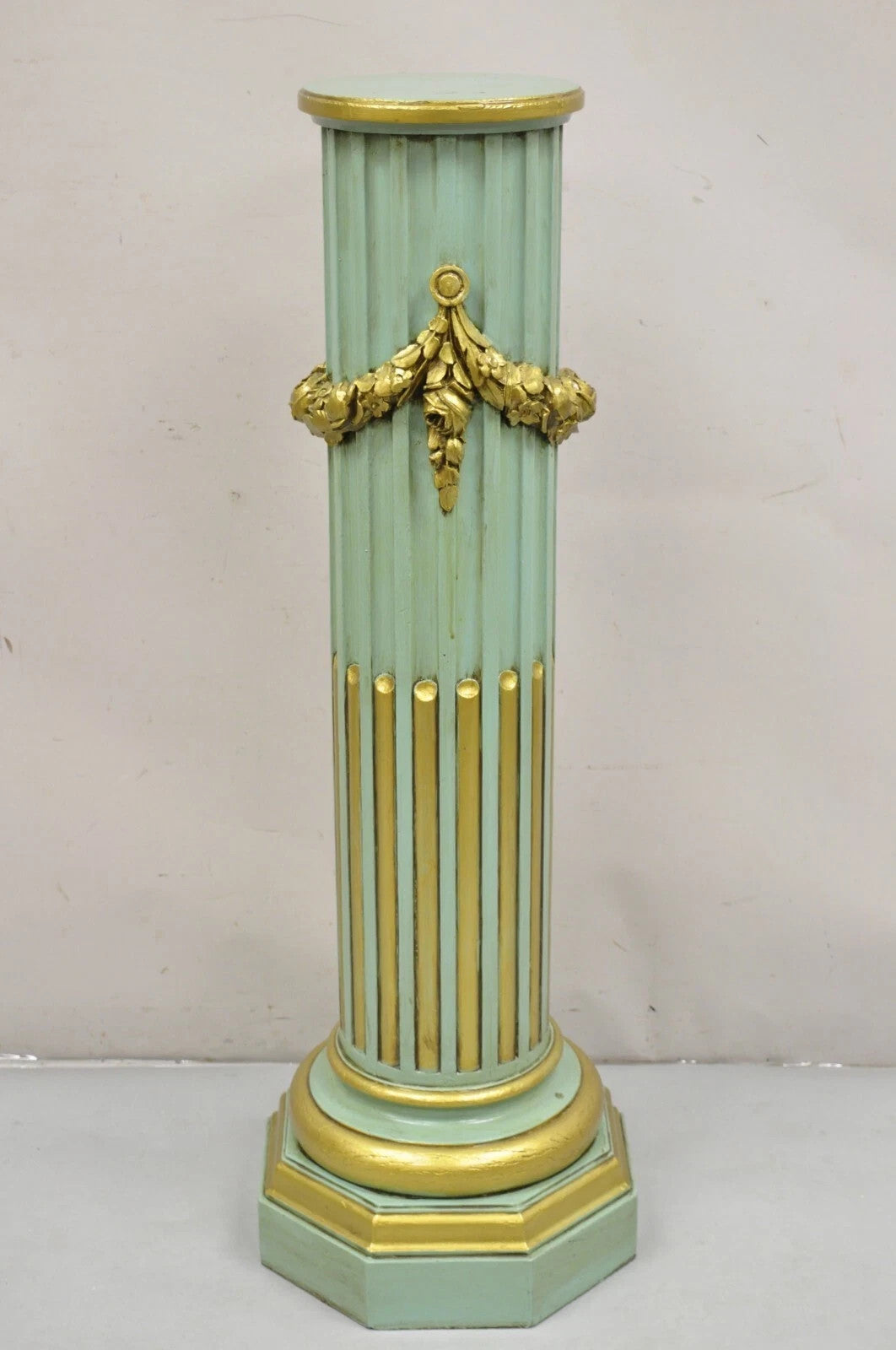 Antique French Empire Neoclassical Green & Gold Painted Wooden Column Pedestal