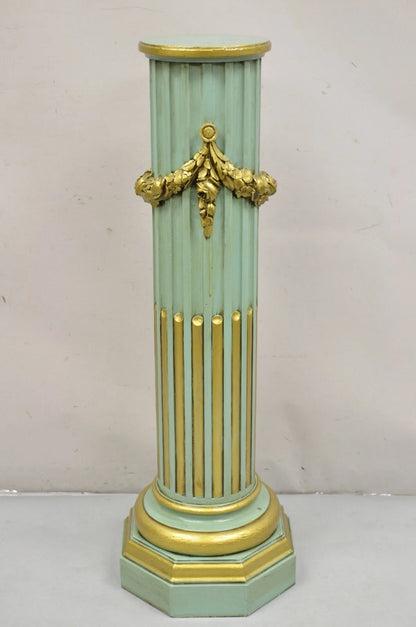 Antique French Empire Neoclassical Green & Gold Painted Wooden Column Pedestal