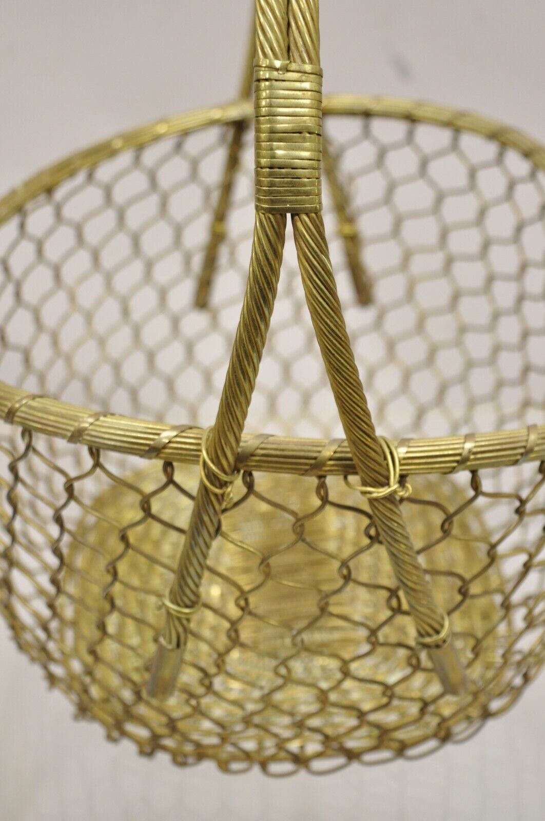 Vintage Solid Brass Wire Metal Hollywood Regency Hand Woven Basket With Handle