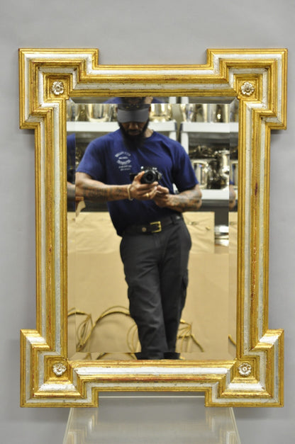 Vintage Italian Regency Silver & Gold Gilt Wood Frame Beveled Glass Wall Mirror