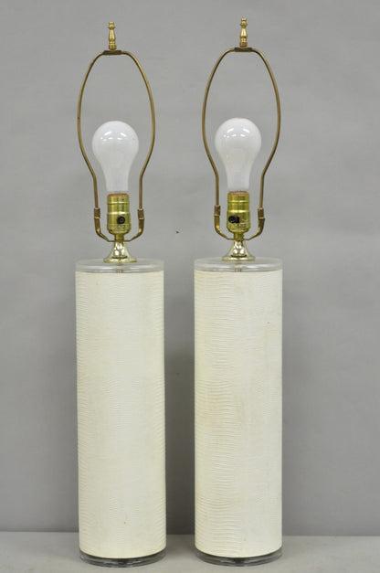 Vintage Hollywood Regency White Faux Alligator Embossed Cylinder Table Lamp Pair