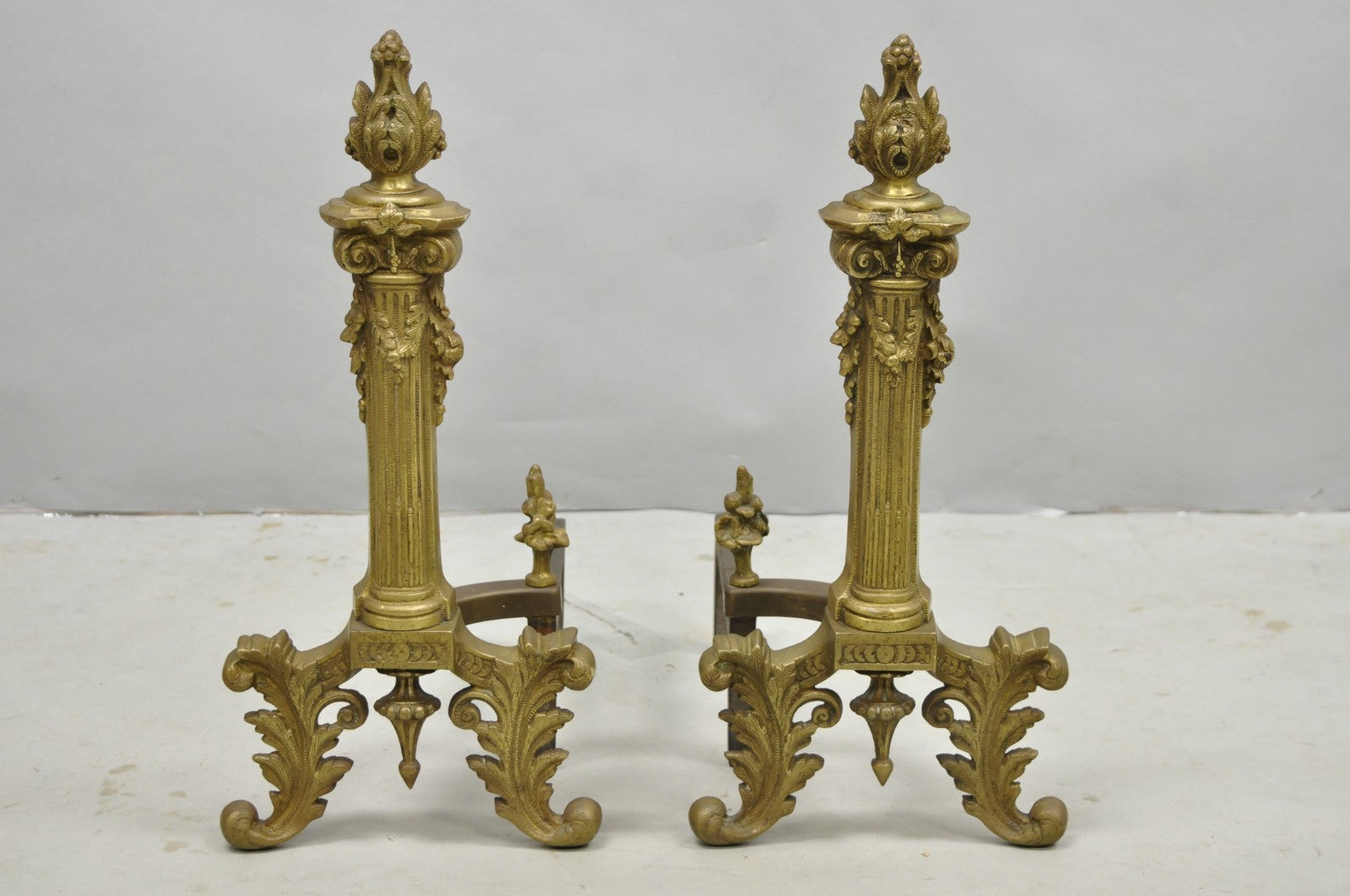 Antique French Empire Style Bronze Corinthian Column Fireplace Andirons - a Pair