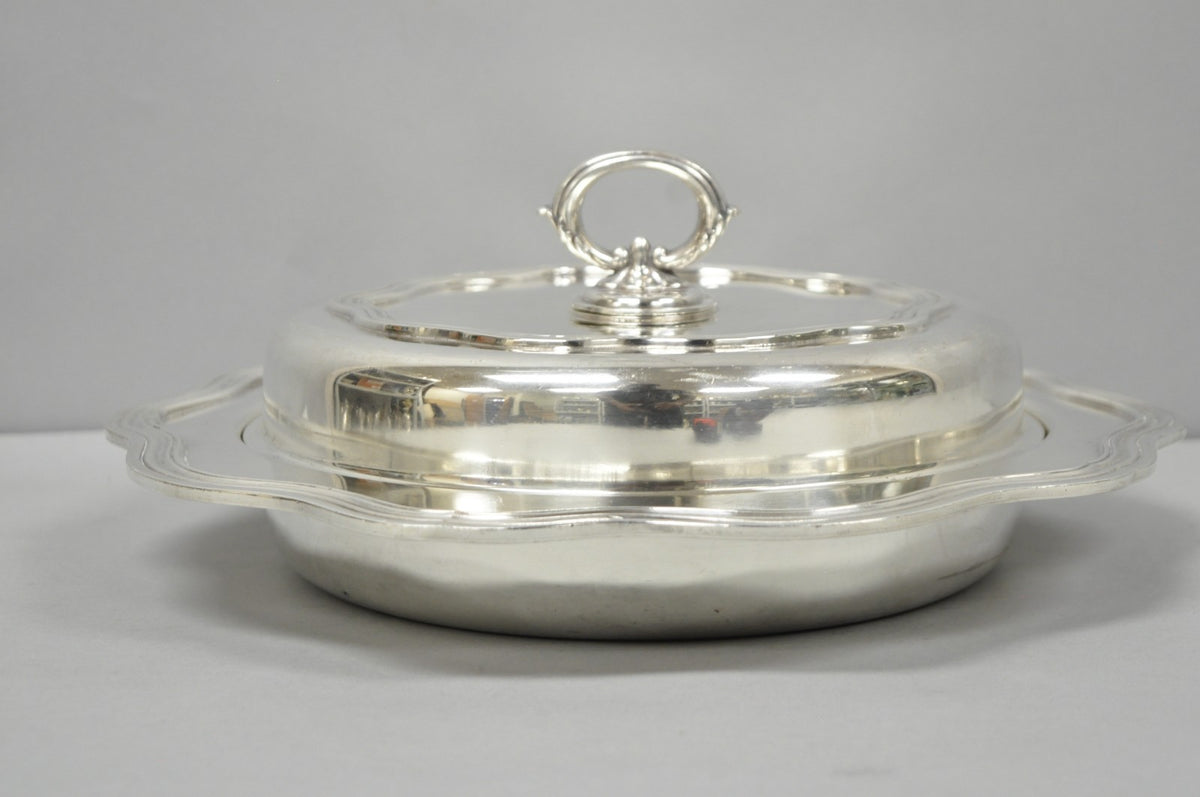 Vintage Sheffield Round Scalloped Silver Plated Covered Divided Serving Dish