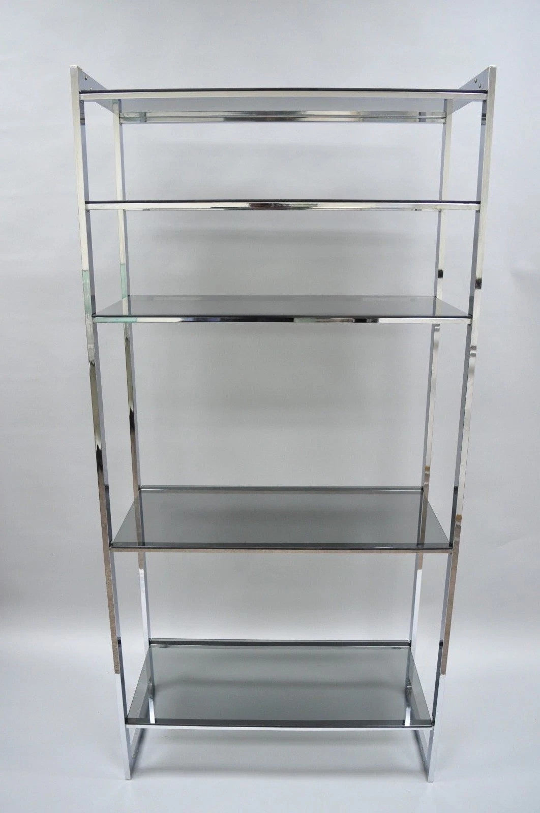 Mid Century Modern Baughman Style Chrome Smoked Glass Etagere Bookcase Shelf