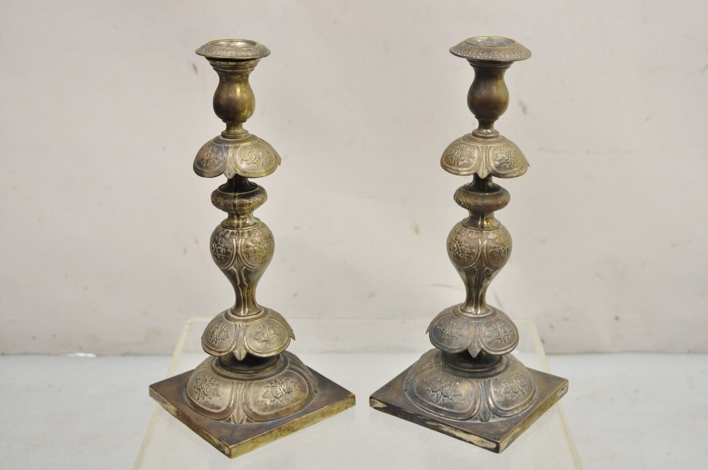 Antique Fraget N Plaque Renaissance Sabbath Brass Gilt Candlesticks - A Pair