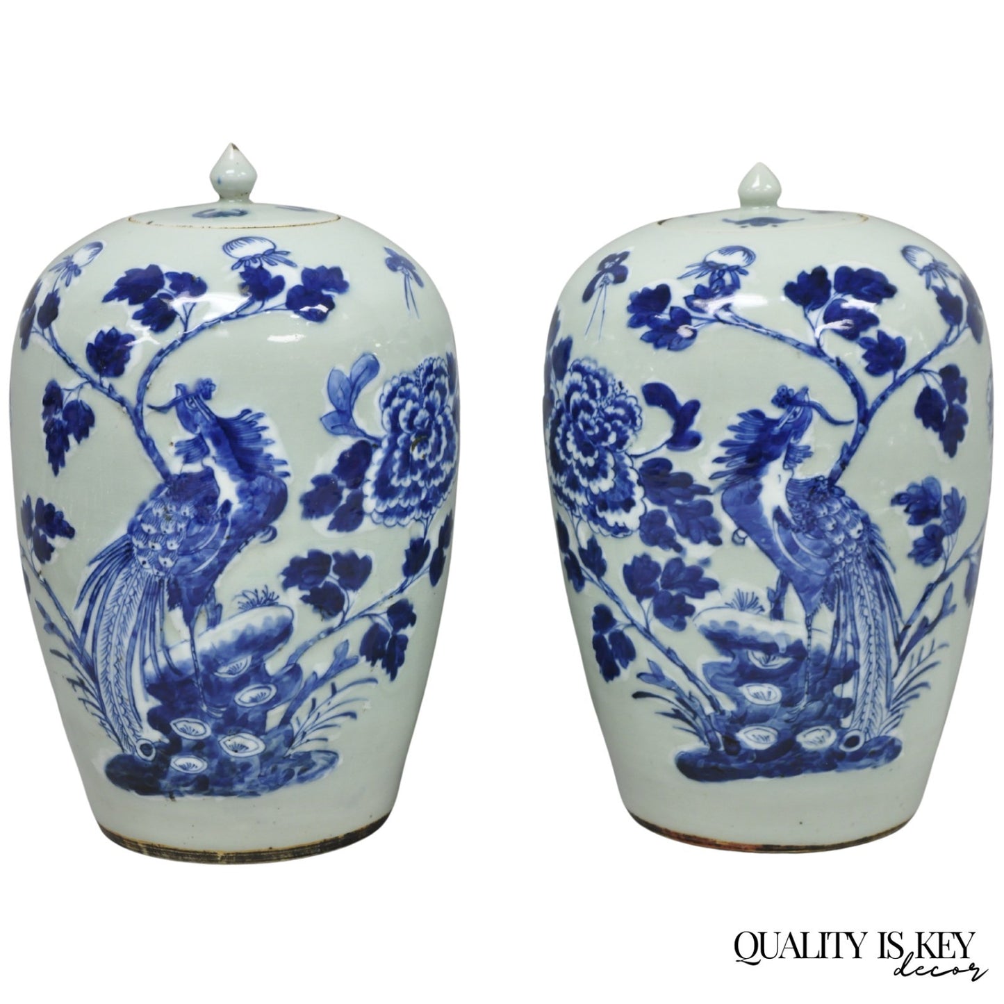 Antique Chinese Phoenix Bird Celadon Green Porcelain Covered Ginger Jar - Pair
