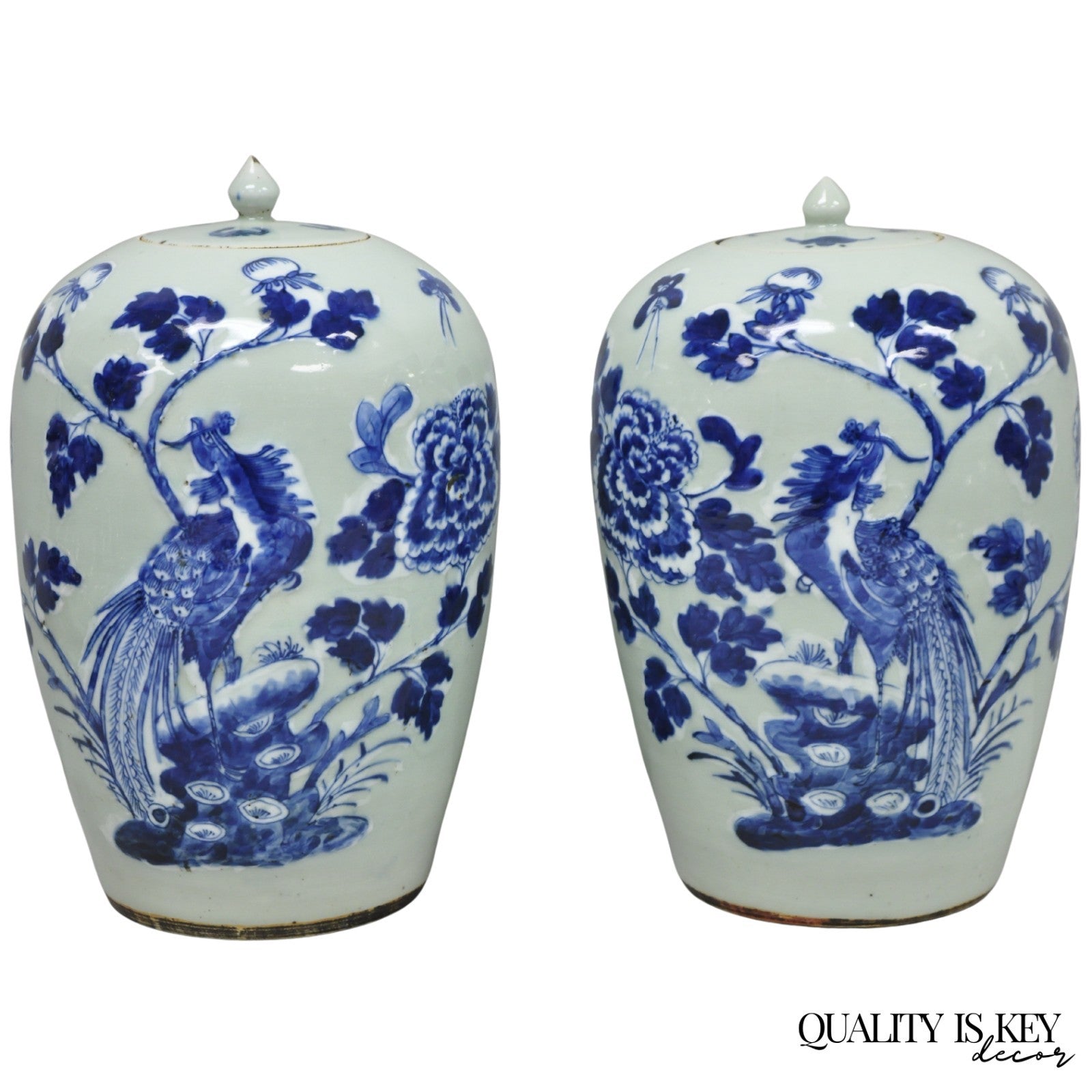 Antique Chinese Phoenix Bird Celadon Green Porcelain Covered Ginger Jar - Pair