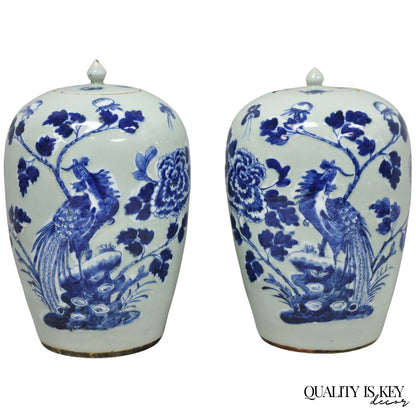 Antique Chinese Phoenix Bird Celadon Green Porcelain Covered Ginger Jar - Pair