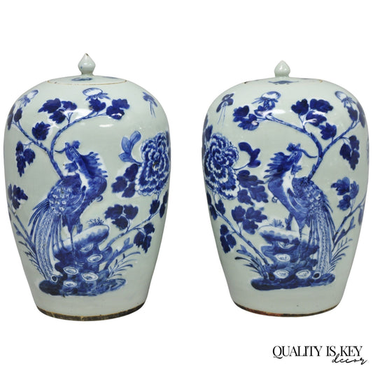 Antique Chinese Phoenix Bird Celadon Green Porcelain Covered Ginger Jar - Pair