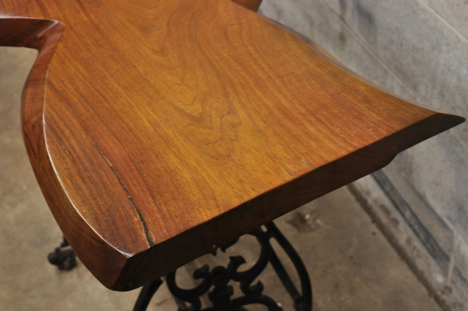 William Herrick Cast Iron Sewing Machine Base Live Edge Walnut Top Console Table