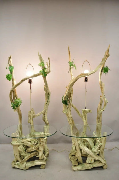 Mid Century Modern Driftwood Tiki Jungle Lamp End Tables w/ Kidney Glass - Pair