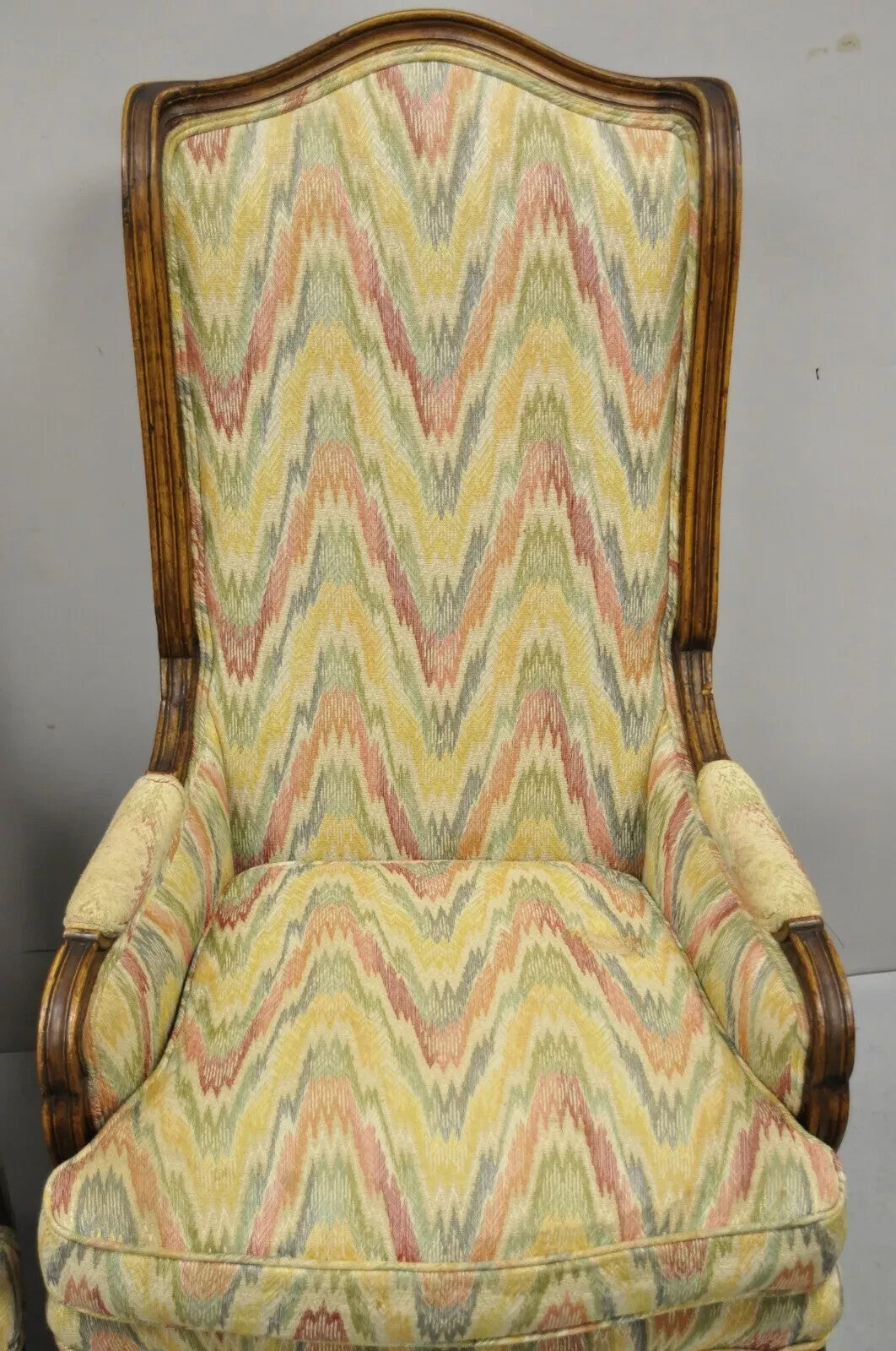 Vintage French Country Provincial High Back Walnut Arm Chairs (A) - a Pair