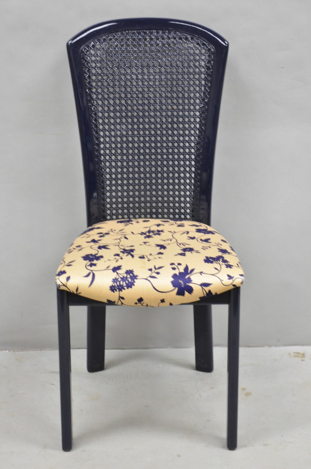Vintage Italian Hollywood Regency Navy Blue Lacquer Cane Dining Chair - Set of 4