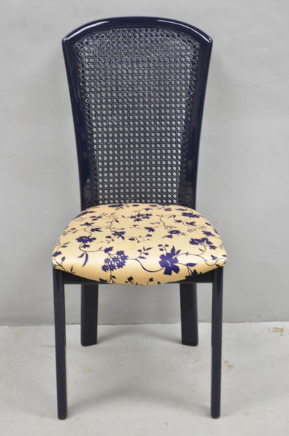 Vintage Italian Hollywood Regency Navy Blue Lacquer Cane Dining Chair - Set of 4