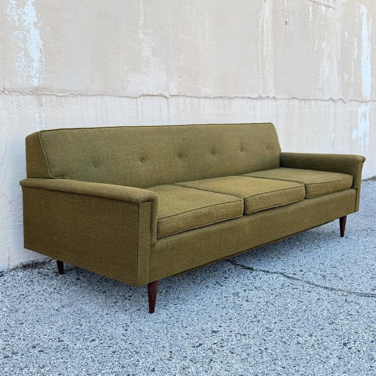 Vintage Mid Century Modern Greenish Brown Tufted 82" Sofa Couch w/ Walnut Legs